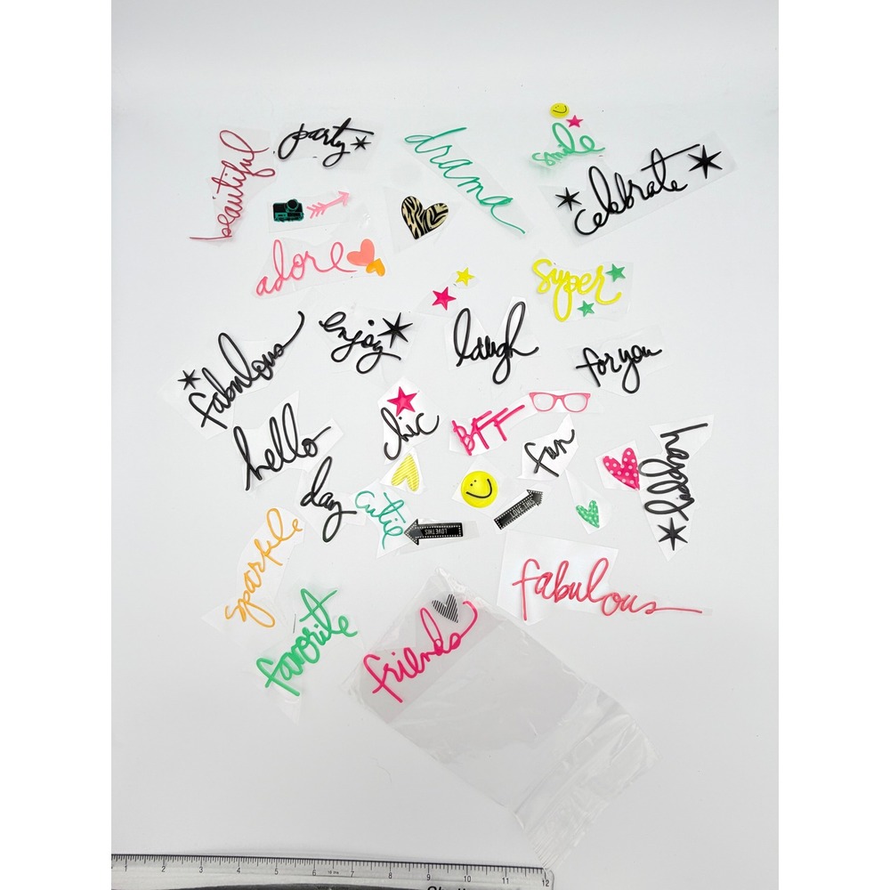 Lot of Clear Script Word Stickers & Decorative Icons for Scrapbooking Journaling